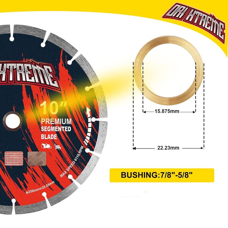 ORIXTREME 10 Inch Diamond Saw Blade 2Pcs, Segmented General Purpose Blade Dry/Wet Cutting Concrete, Masonry, Brick, Block,7/8"-5/8” Arbor - Image 3